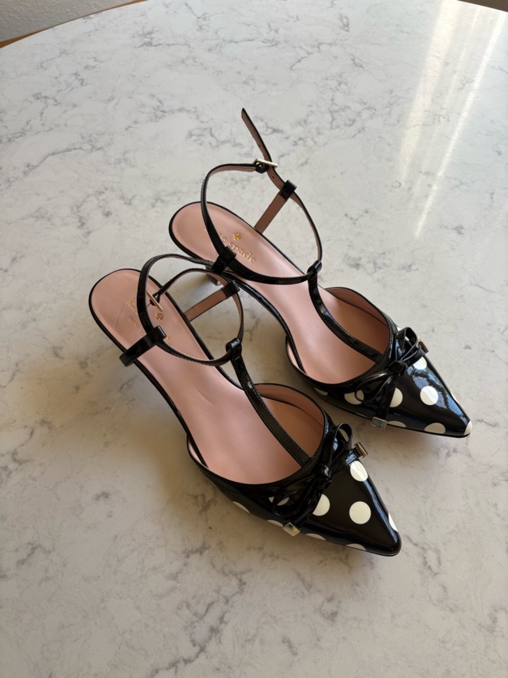 kate spade Black and White Polka Dot T‑Strap Kitten Heels